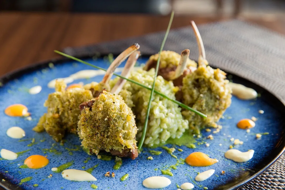 carré de cordeiro com risoto de hortelã e molho de vinho tinto