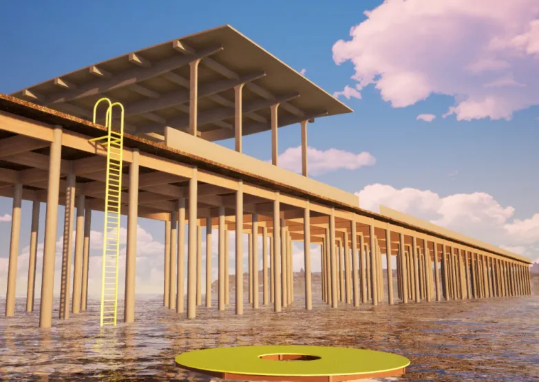 Ideia é instalar uma escada de marinheiro metálica de cerca de 13 metros, com degraus antiderrapantes, além de um deck flutuante no mar