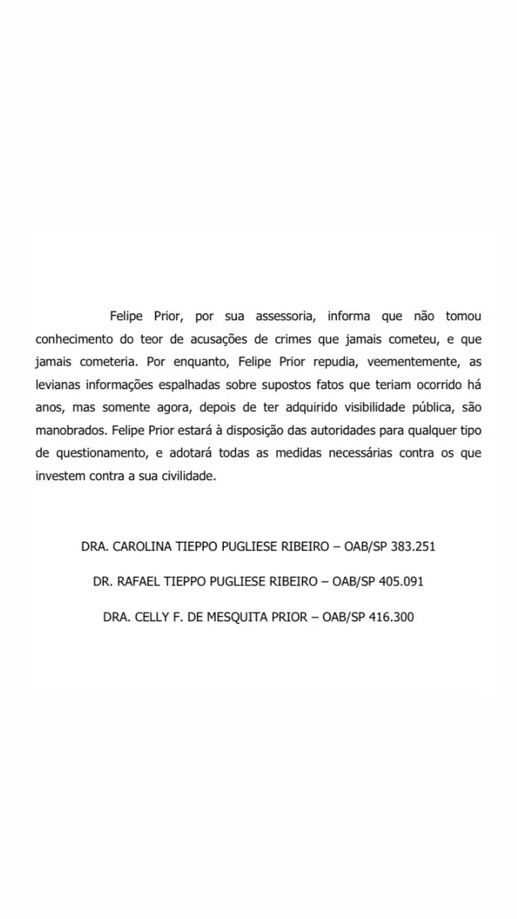 Nota dos advogados que representam Felipe Prior