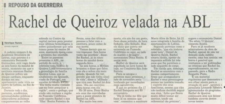 Jornal Diário do Nordeste noticia o velório de Rachel de Queiroz, na Academia Brasileira de Letras, em edição de 5 de novembro de 2003