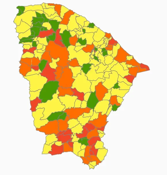 Cidades em verde: risco 1, novo normal / Amarelo: risco 2, moderado / Laranja: risco 3, alto / Vermelho: risco 4, altíssimo