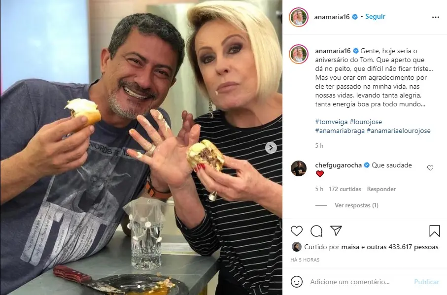 Imagem da notícia: Ana Maria Braga homenageia Tom Veiga, intérprete de Louro José, no dia em que ele faria 48 anos