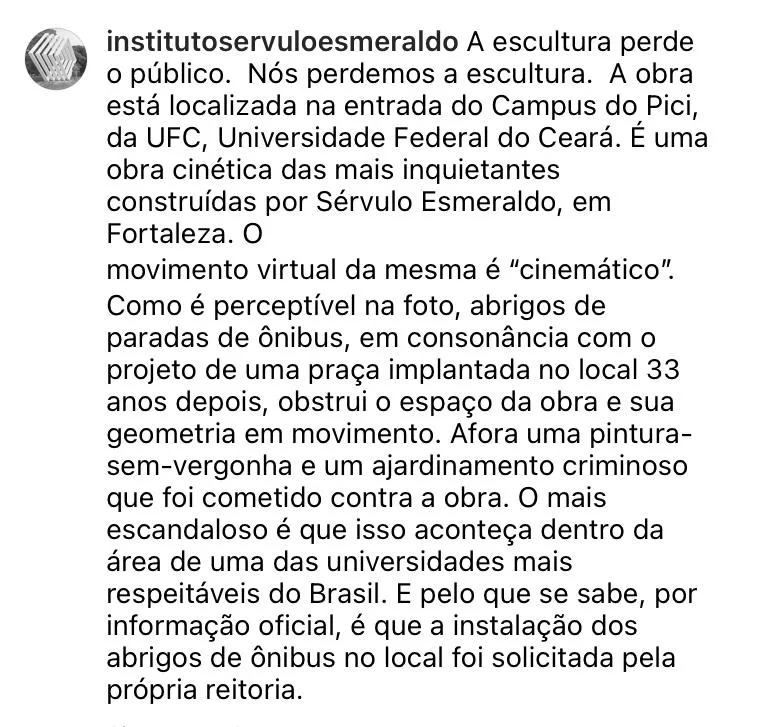 Em comentário, direção do Instituto Sérvulo Esmeraldo demonstrou indignação