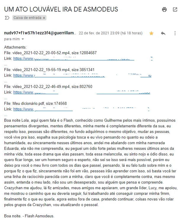E-mail recebido por Lola Aronovich