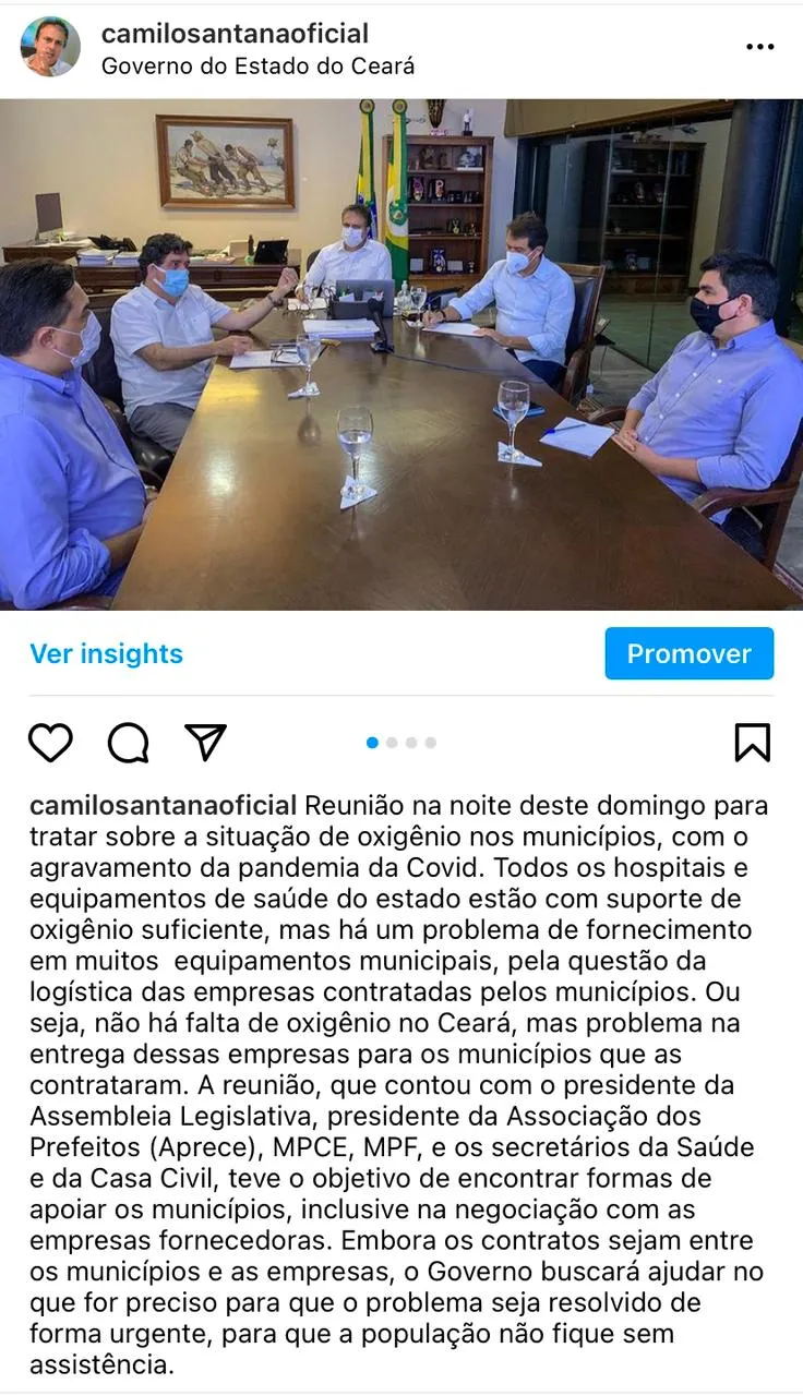 Governador Camilo Santana convocou reunião neste domingo (14) para tratar falta de oxigênio em hospitais do Ceará.