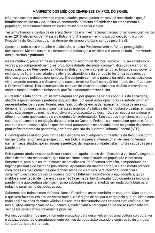 manifesto pró-Bolsonaro