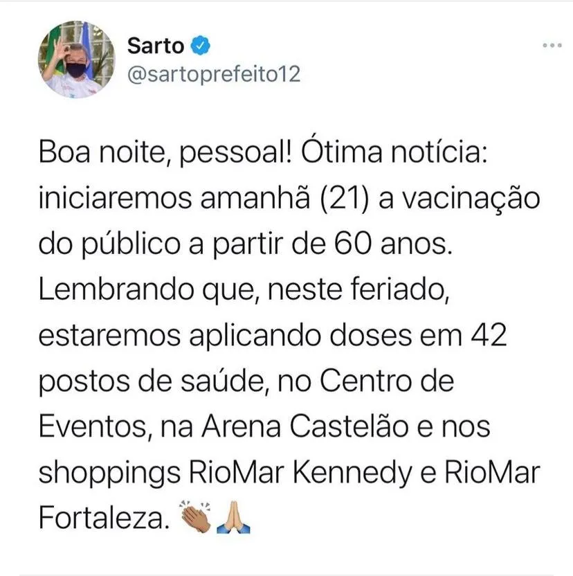 Sarto anunciou avanço nas redes sociais