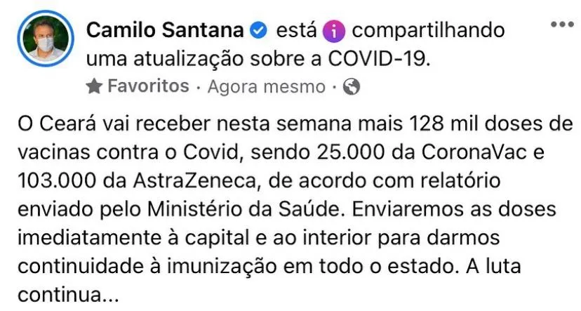 Anúncio das novas doses foi publicado nas redes sociais do governador