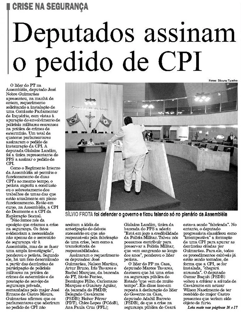 Registro do jornal Diário do Nordeste sobre as articulações para a criação da CPI do Extermínio