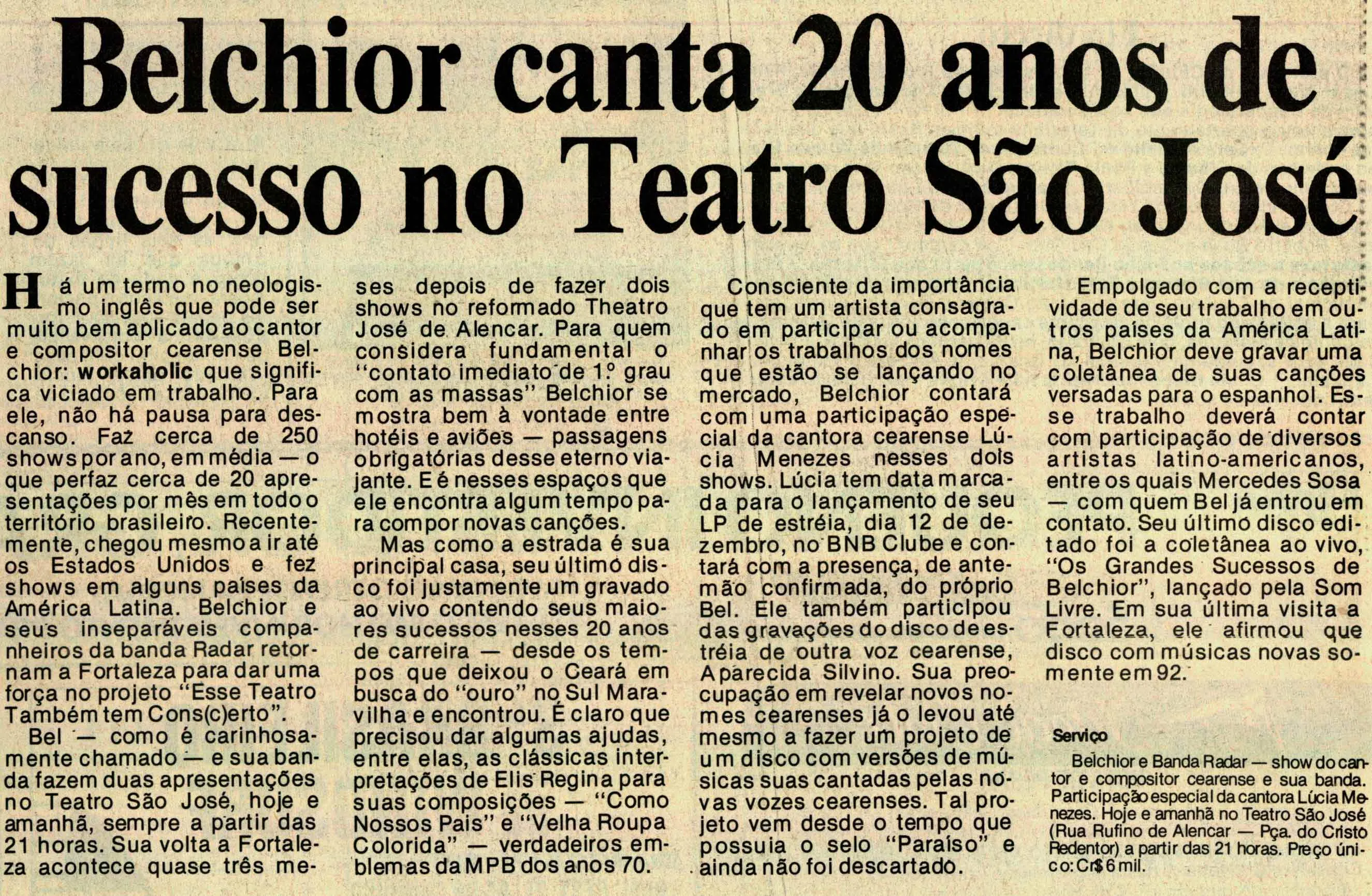 Matéria publicada em 14/11/1991, no DN, faz referência ao lançamento do disco de estreia de Lucinha