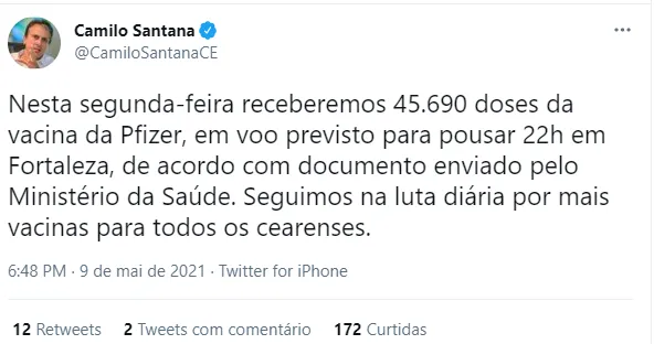 Governador já havia antecipado a chegada de novo lote, mas confirmação da chegada veio neste domingo