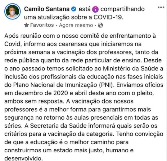Governador Camilo Santana anunciou a vacinação dos professores pelas redes sociais