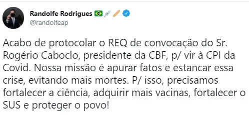 O anúncio do requerimento à CPI da Covid foi postado pelo senador Randolfe Rodrigues nas redes sociais