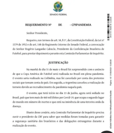 O requerimento foi protocolado na tarde desta segunda-feira (31) e ainda será votado pelos integrantes da CPI