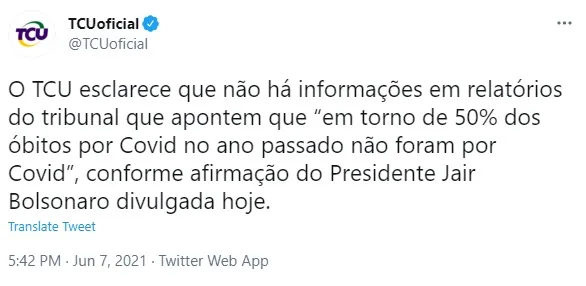TCU nega declaração de Bolsonaro