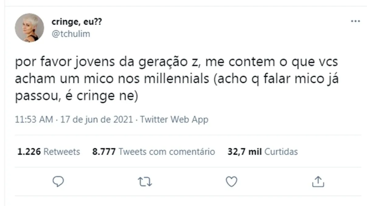 A discussão no Twitter começou após esse post da criadora de conteúdo Tchulim. As respostas iam desde a calça skinny à refeição café da manhã, passando por gostar de Friends e Harry Potter