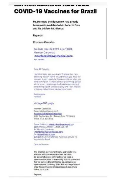 E-mails mostram negociação de venda de vacinas entre Ministério da Saúde e representantes da empresa Davati Medical Supply