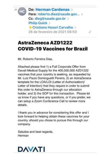 E-mails mostram negociação de venda de vacinas entre Ministério da Saúde e representantes da empresa Davati Medical Supply