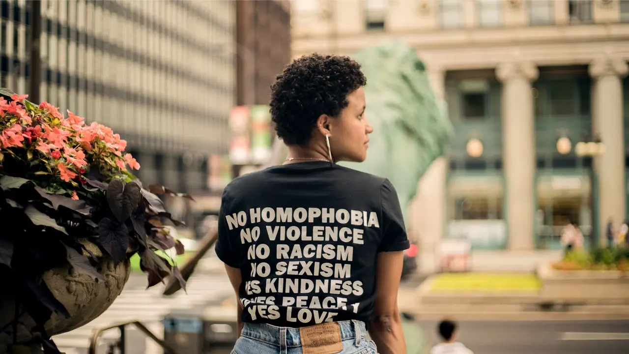 mulher com camisa com dizeres não a homofobia, não ao racismo
