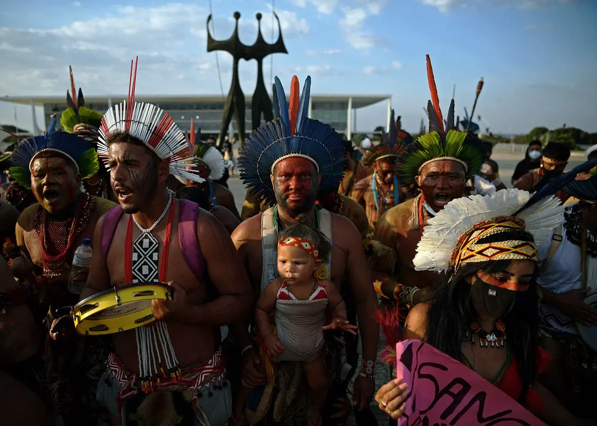 Protesto de povos originários em Brasília pela derrubada do Marco Temporal