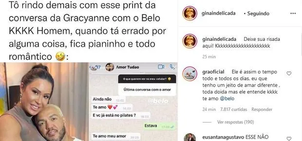 Belo e Gracyanne Barbosa trocam mensagens pelo WhatsApp