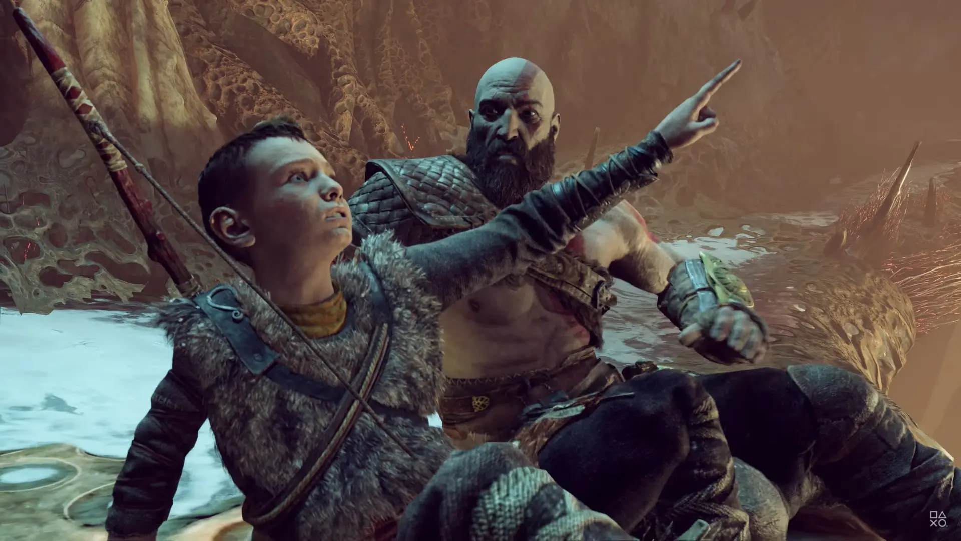 Kratos e Atreus em batalha