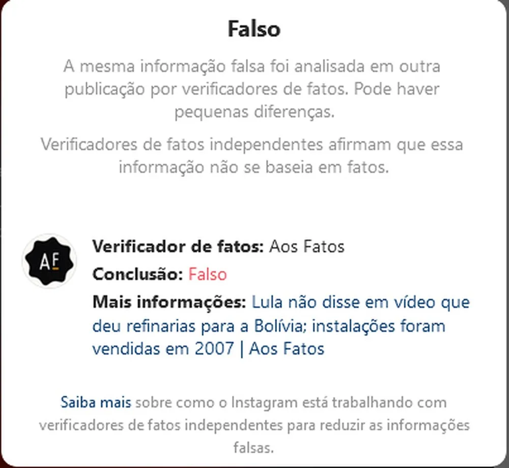 Selo de informação falsa do Instagram na conta de Carlos Bolsonaro