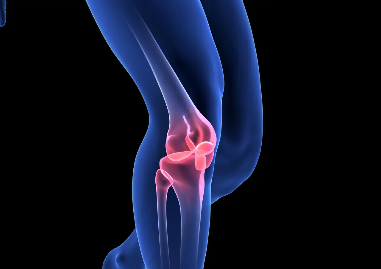 Dor no joelho. Renderização 3D do corpo da anatomia humana azul em fundo preto