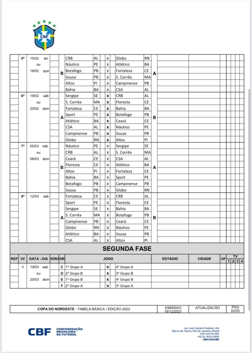 Jogos da segunda fase vão acontecer nos dias 19 ou 20 de março