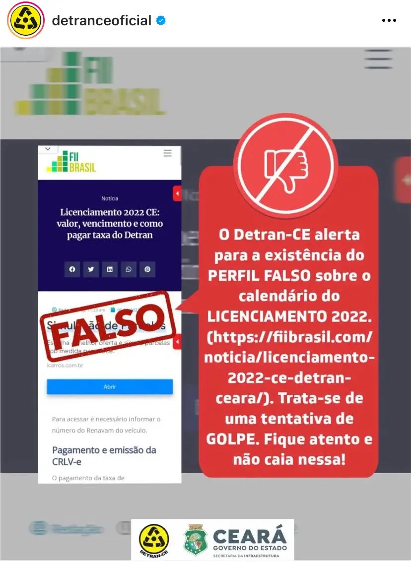 Imagem da notícia: Detran-CE alerta usuários sobre página com informações falsas de pagamento do licenciamento: 'golpe'