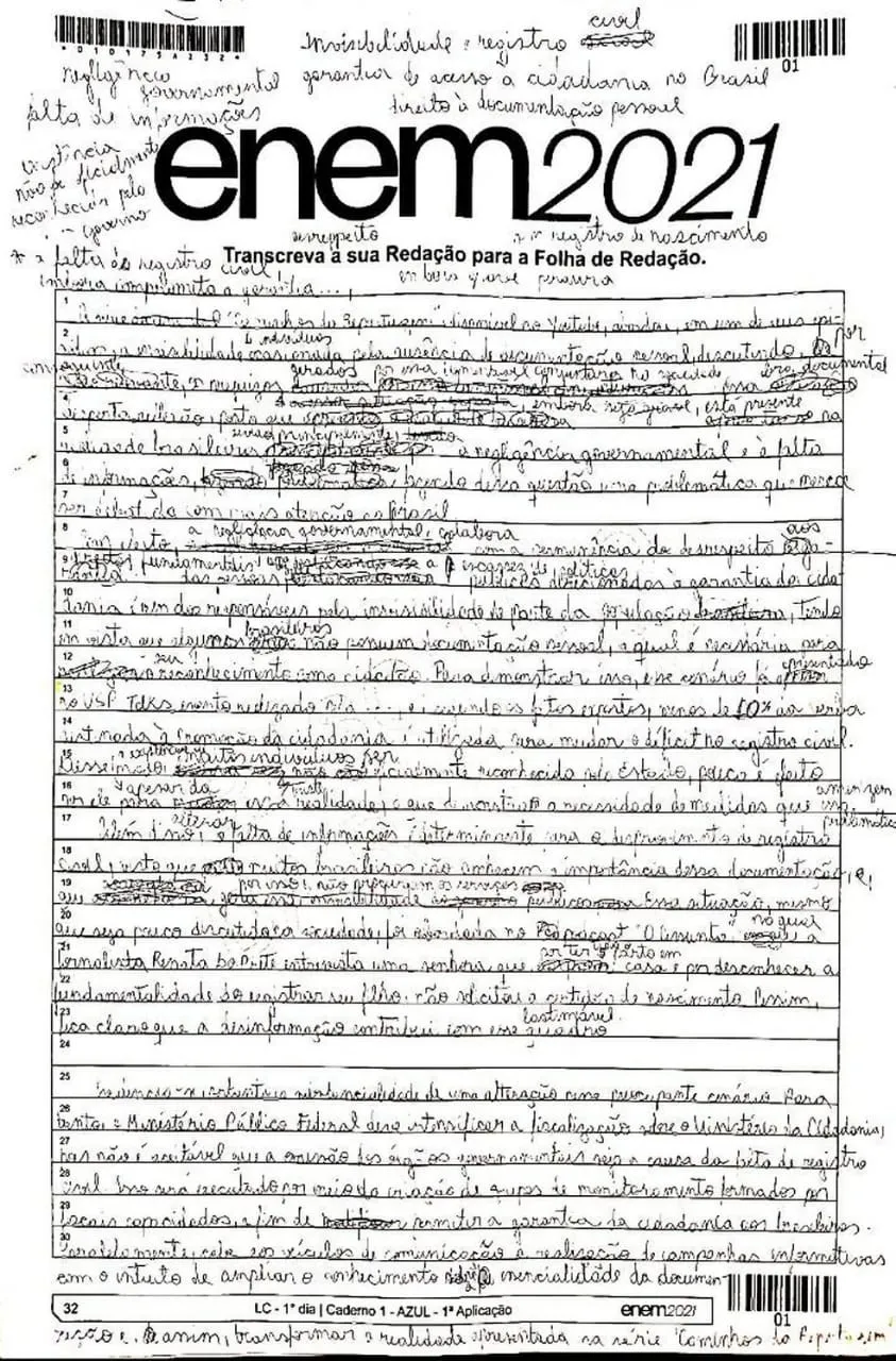 Rascunho da redação nota mil de Cássia Caroline