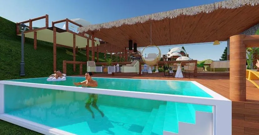 Áreas comuns incluem lounge e piscina de borda infinita
