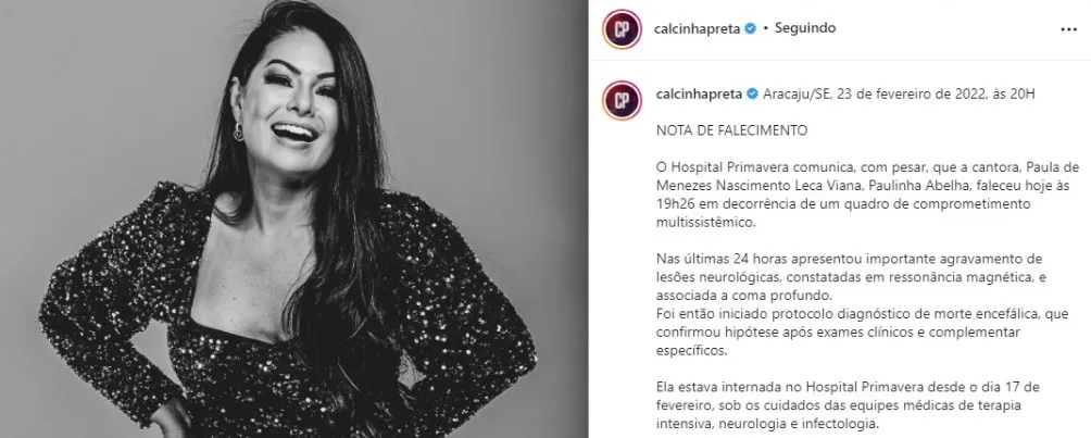 Comunicado do falecimento da cantora foi dado através das redes sociais