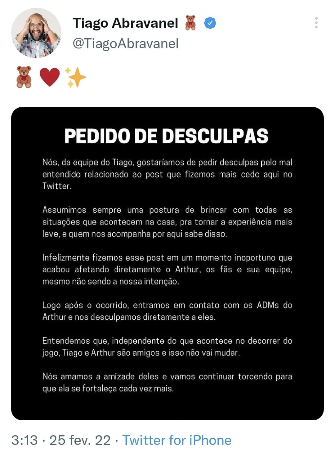 Equipe se retratou e compartilhou uma nota oficial em pedido de desculpas