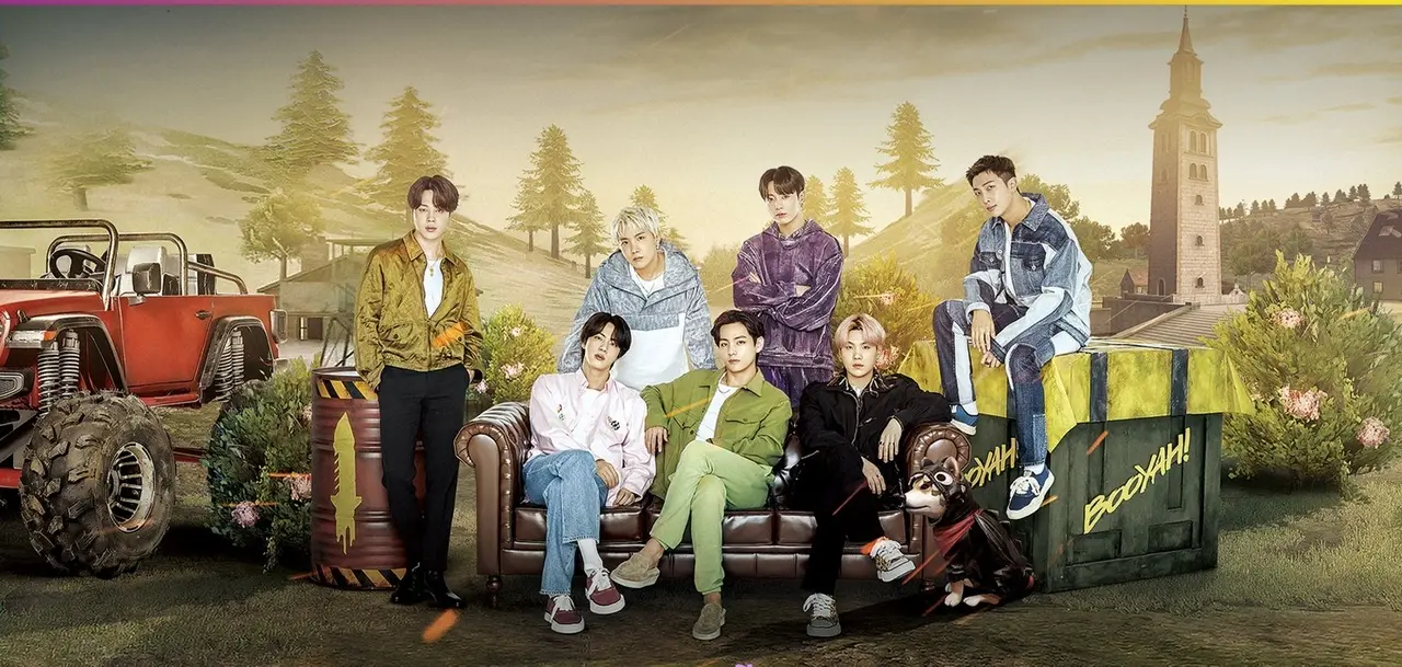 Integrantes do BTS aparecem em meio a airdrop e barril de cenários do Free Fire em arte