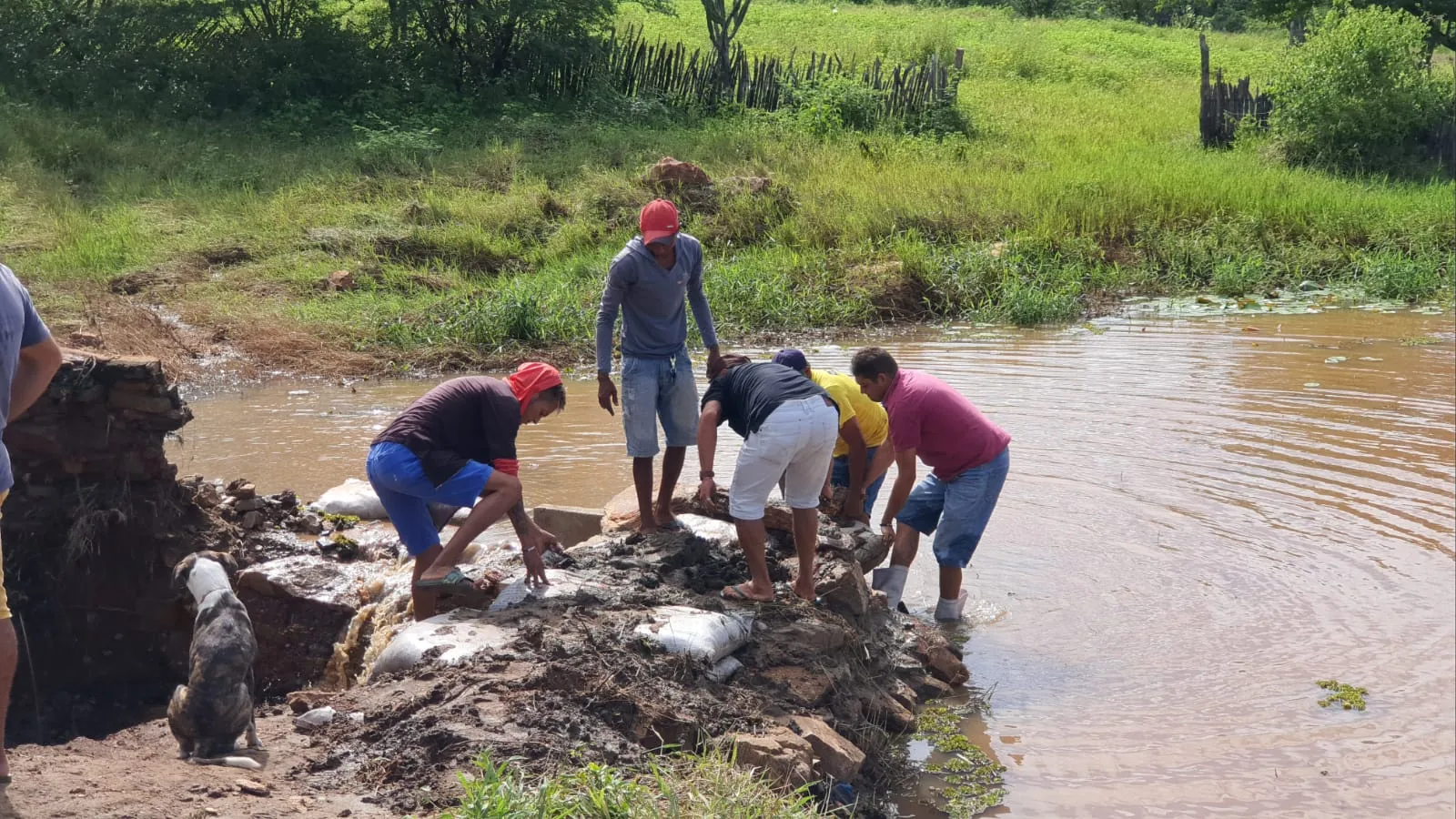 Moradores tentam conter rompimento de barragem na zona rural de Várzea Alegre