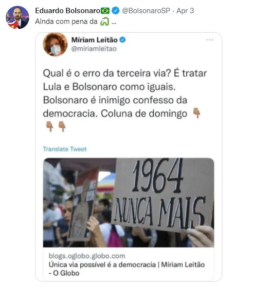 Eduardo Bolsonaro debocha de tortura sofrida por Mirian Leitão durante a ditadura militar