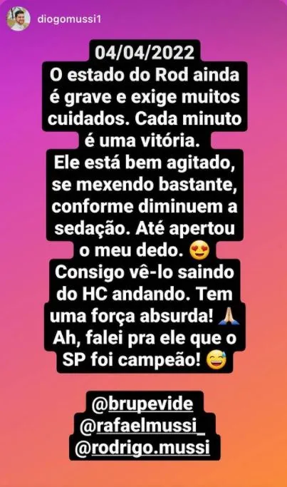 Diogo Mussi compartilha com os seguidores o estado de saúde do irmão