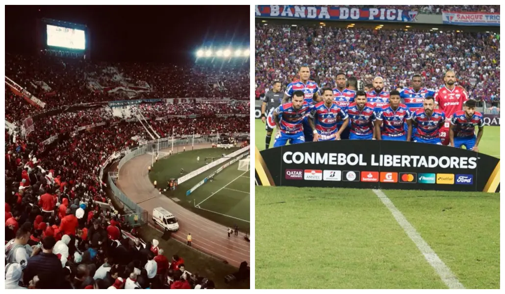 Imagem do Monumental de Nuñez lotado / Jogadores do Fortaleza na estreia da Libertadores