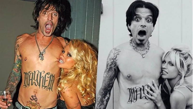 Lily James e Sebastian Stan imitam pose icônica de Pamela Anderson e Tommy Lee
