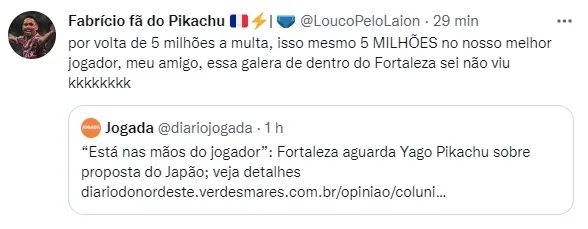 Torcida comenta possível saída de Pikachu.