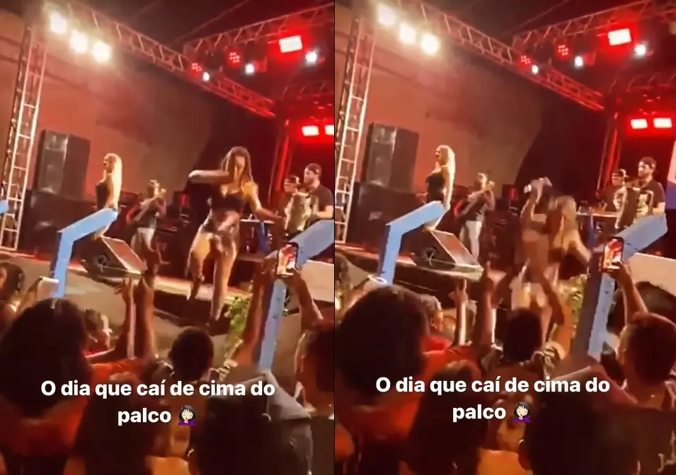 Imagem da notícia: Cantora da banda Forró dos Plays cai do palco durante show no Piauí; veja queda 