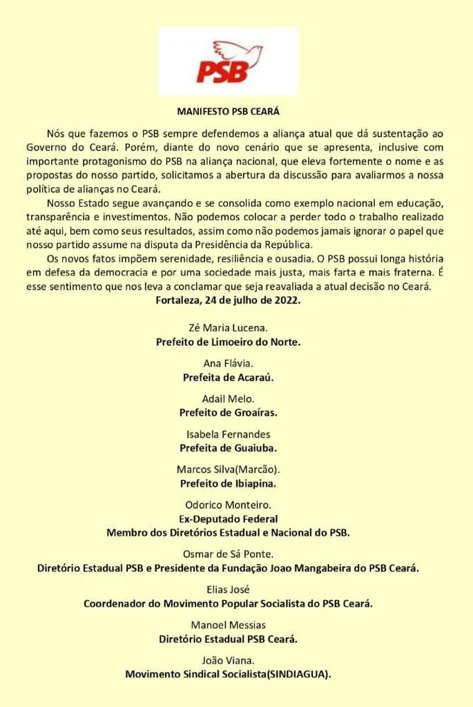 Nota 'Manifesto PSB Ceará