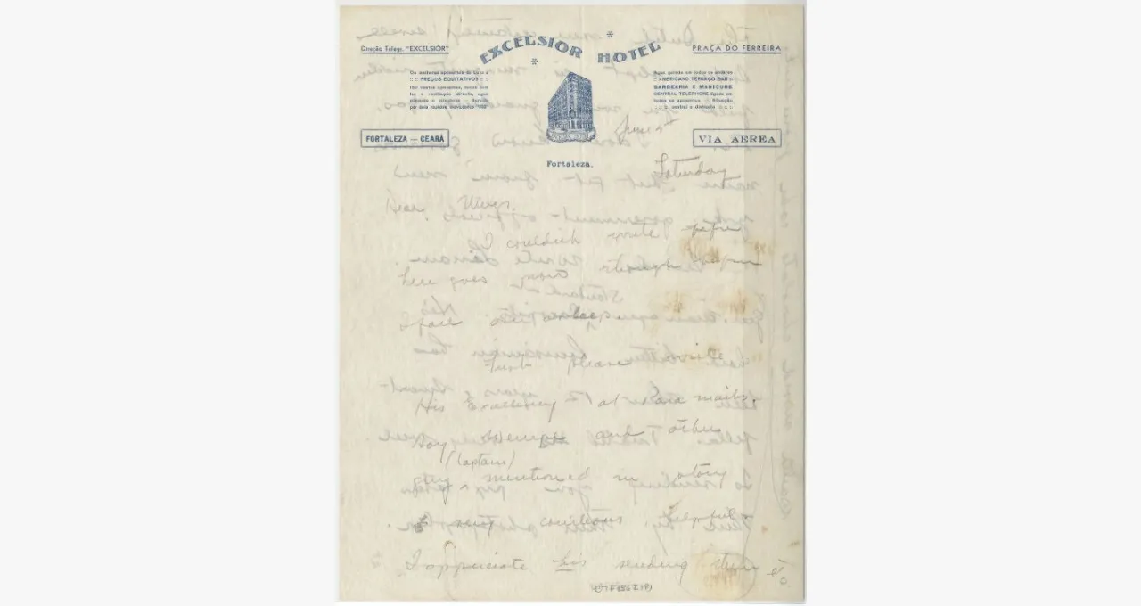 Carta escrita por Amelia Earhart a Mugs, em 5 de junho de 1937, em papel timbrado do Hotel Excelsior