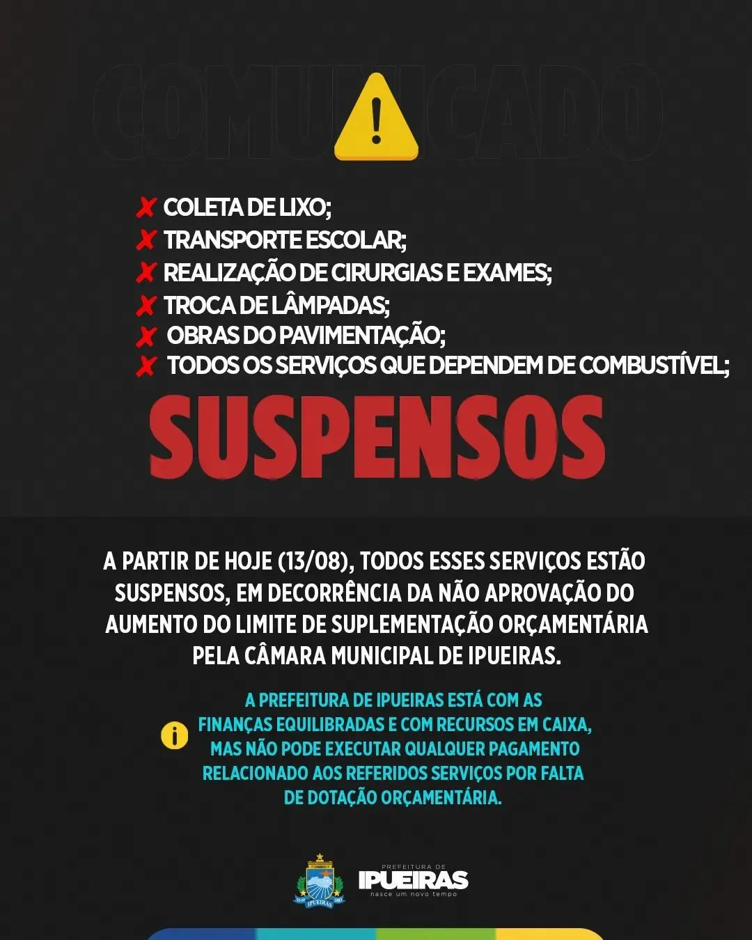 O anúncio foi publicado nos canais oficiais da gestão