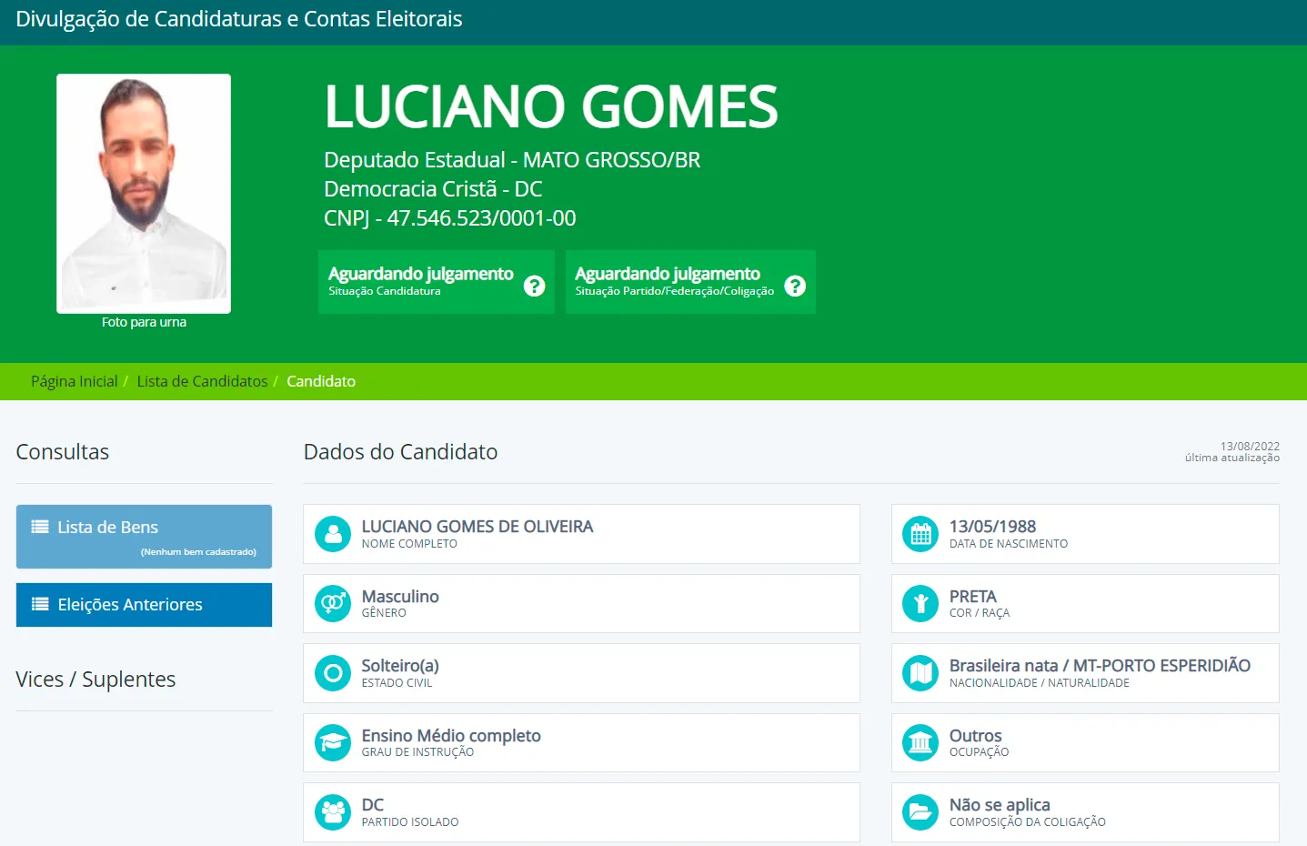 Imagem atualizada do registro a deputado estadual do Mato Grosso