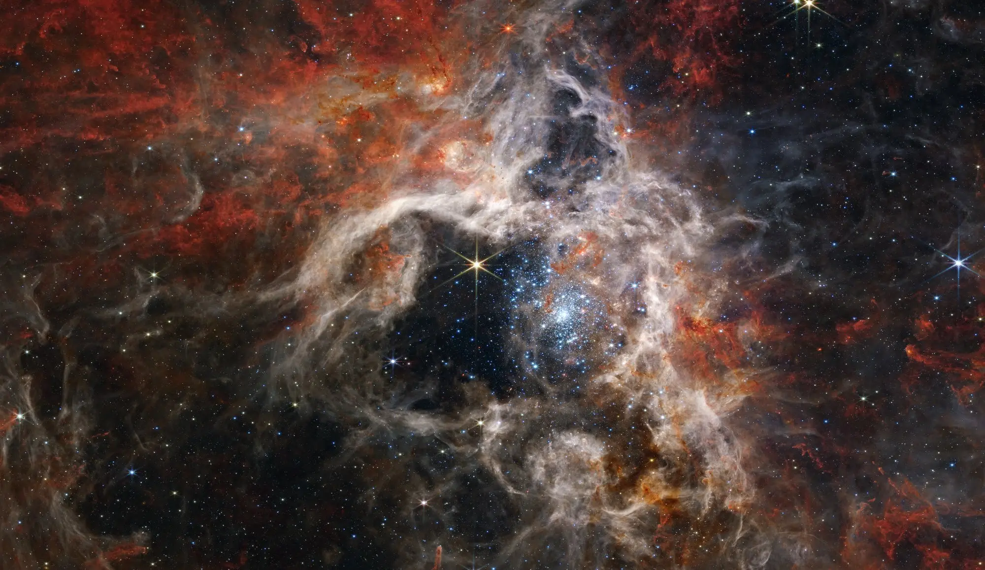 Imagem da notícia: Telescópio James Webb registra novas estrelas da nebulosa de Tarântula