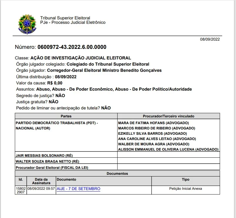 Documento sobre ação de investigação judicial eleitoral