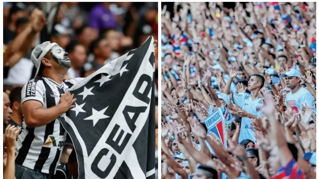 Montagem com fotos das torcidas de Ceará e Fortaleza