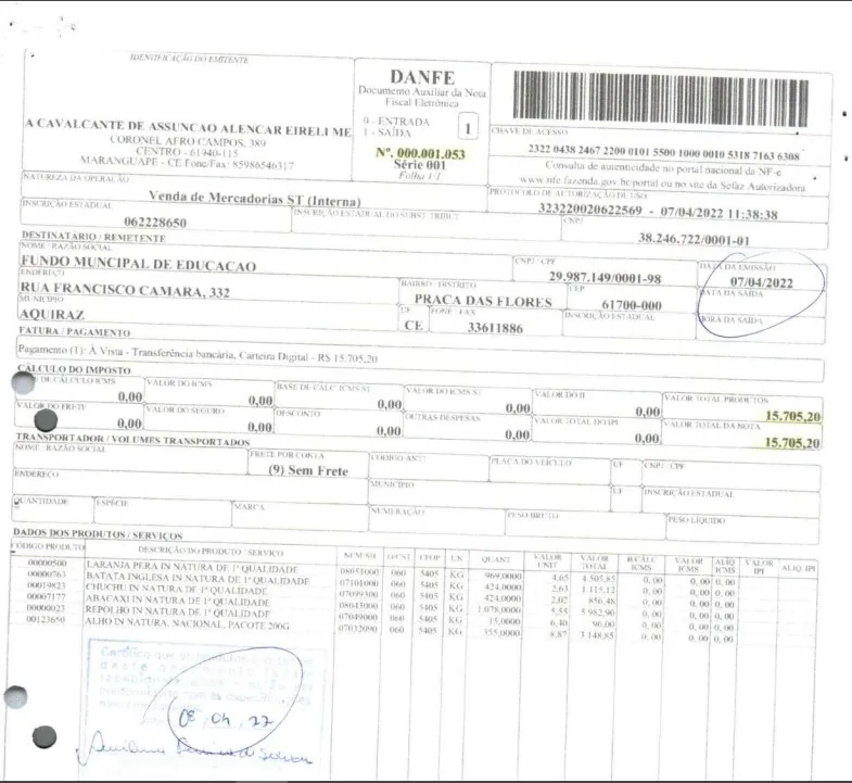 Uma das notas duplicadas para pagamento de alimentos